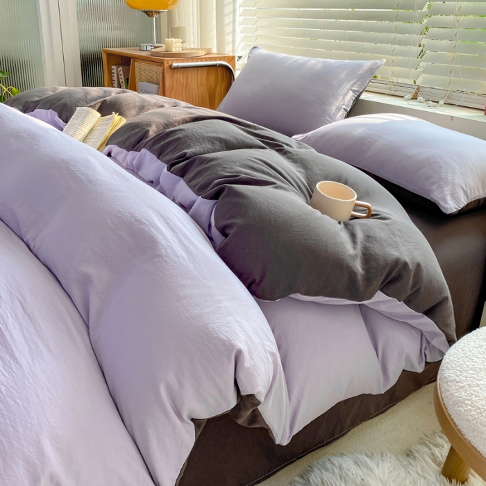 91家纺网 家纺一手货源 找家纺 雨帆家纺 2024新款简约亲肤水洗棉双拼四件套 水洗棉紫灰