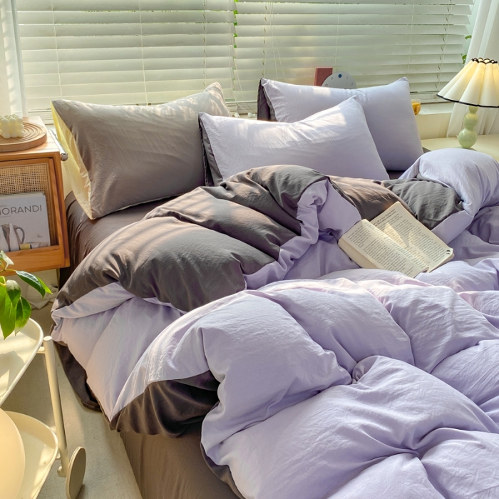 91家纺网 家纺一手货源 找家纺 雨帆家纺 2024新款简约亲肤水洗棉双拼四件套 水洗棉紫灰