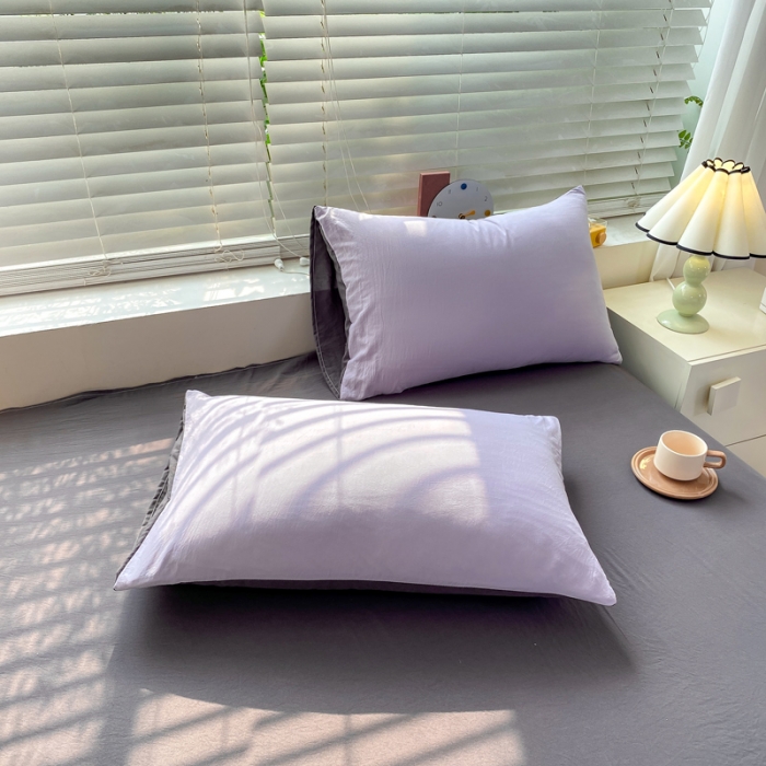 91家纺网 家纺一手货源 找家纺 雨帆家纺 2024新款简约亲肤水洗棉双拼四件套 水洗棉紫灰