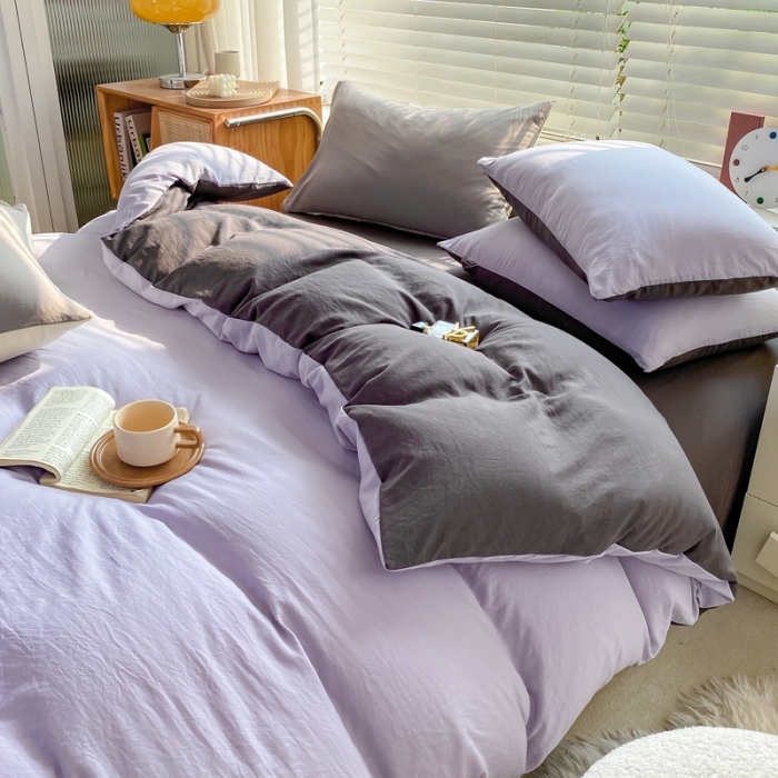 91家纺网 家纺一手货源 找家纺 雨帆家纺 2024新款简约亲肤水洗棉双拼四件套 水洗棉紫灰
