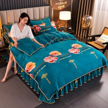 91家纺网 家纺一手货源 找家纺 韩秀2024新款金貂牛奶法莱绒床裙款四件套加厚保暖8.5斤花好月圆