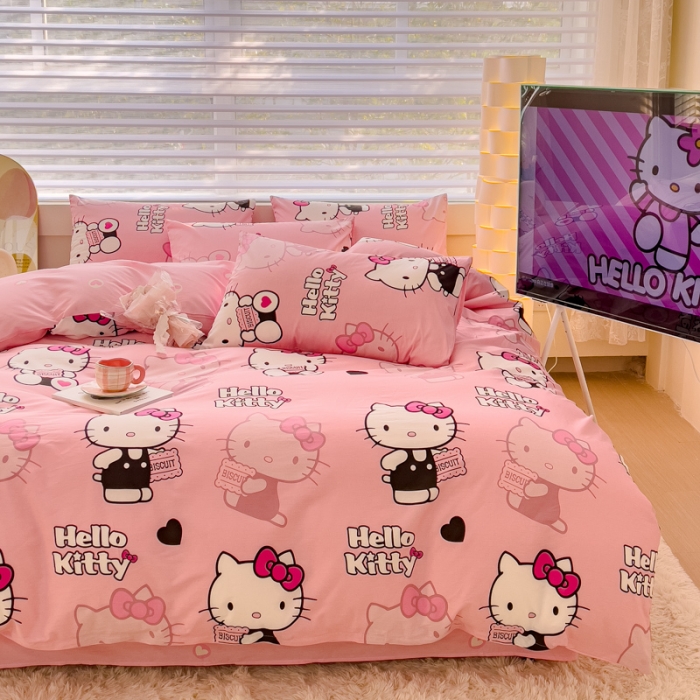 91家纺网 家纺一手货源 找家纺 金丝鸟 2024新款全棉可爱卡通四件套 粉色凯蒂小姐