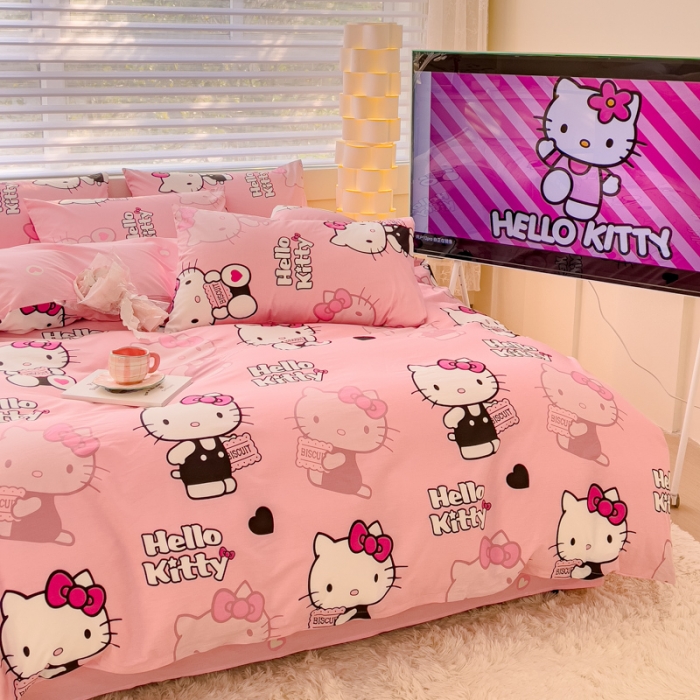 91家纺网 家纺一手货源 找家纺 金丝鸟 2024新款全棉可爱卡通四件套 粉色凯蒂小姐