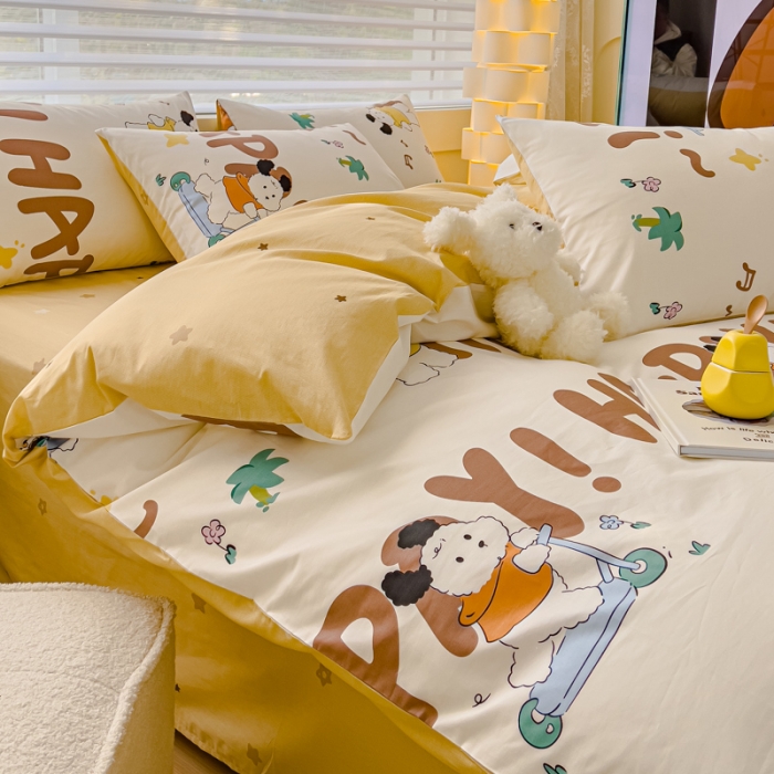 91家纺网 家纺一手货源 找家纺 金丝鸟 2024新款全棉可爱卡通四件套 快乐滑板