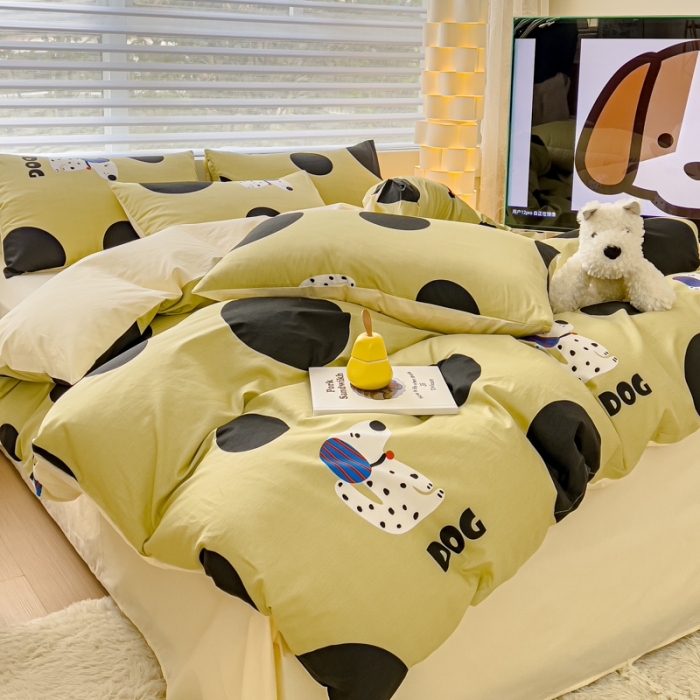 91家纺网 家纺一手货源 找家纺 金丝鸟 2024新款全棉可爱卡通四件套 绿色大波点狗