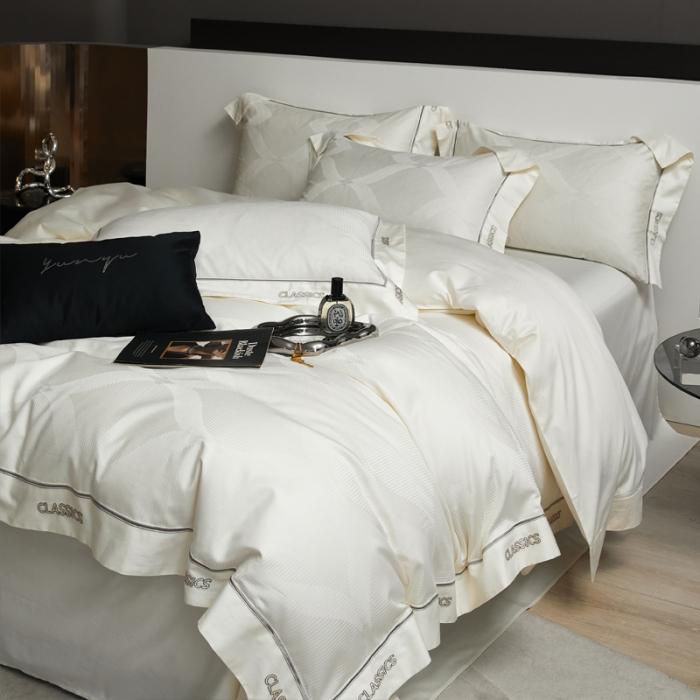 91家纺网 家纺一手货源 找家纺 新款100支长绒棉提花拼角刺绣套件