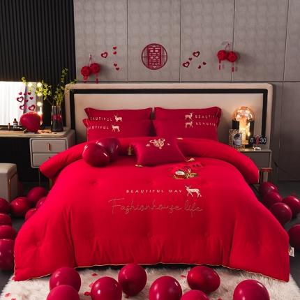 金麦2022新款婚庆水洗棉绣花大豆春秋被冬被喜被婚庆被 一鹿有你-大红