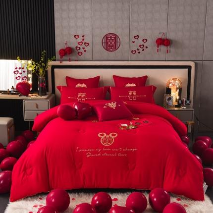 金麦家纺2022新款婚庆水洗棉绣花大豆春秋被冬被喜被婚庆被 喜-大红