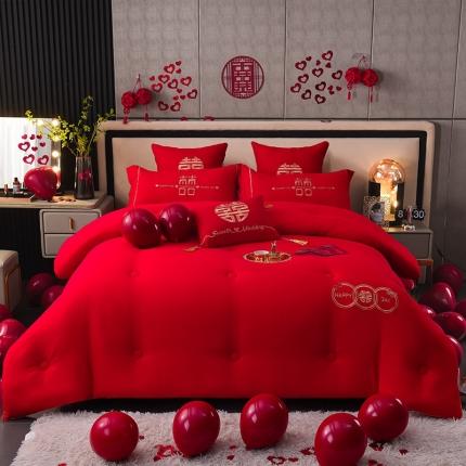 金麦2022新款婚庆水洗棉绣花大豆春秋被冬被喜被婚庆被 如意双喜-大红