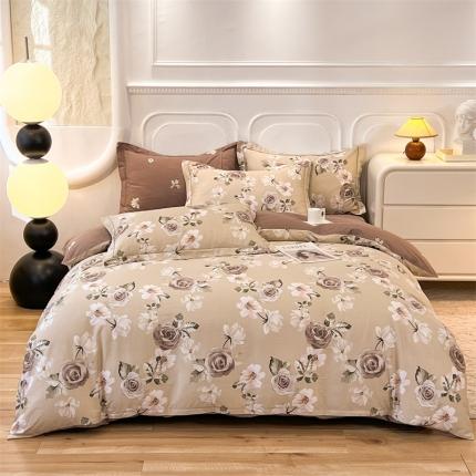 91家纺网 家纺一手货源 找家纺 帛美 2024新款轻奢系全棉纯棉印花四件套 春涧-咖