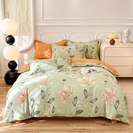 91家纺网 家纺一手货源 找家纺 帛美 2024新款轻奢系全棉纯棉印花四件套 叶语悠然-绿