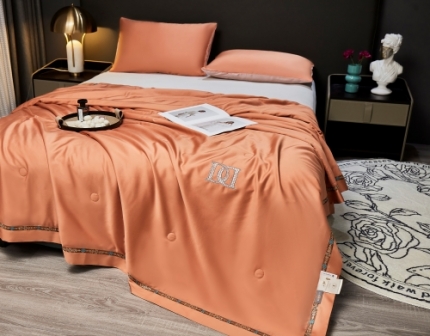 91家纺网 家纺一手货源 找家纺 2025新款轻奢天丝刺绣夏凉被空调被蚕蛹蛋白纤维夏被 爱玛仕橙