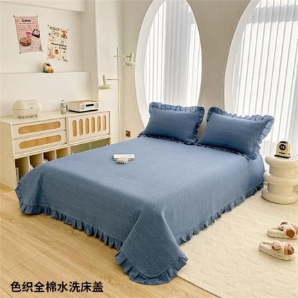 岚吉 新款40支133*72全棉斜纹夹棉绗缝小花边床盖 牛仔兰