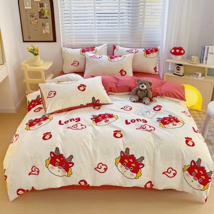 西引力 2024新款全棉卡通印花四件套 开运龙 白