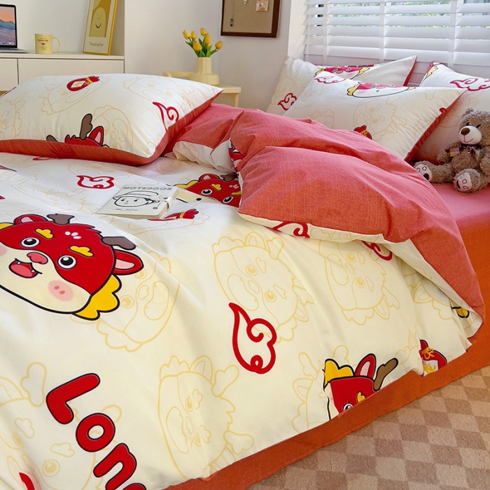 91家纺网 家纺一手货源 找家纺 西引力 2024新款全棉卡通印花四件套 开运龙 白