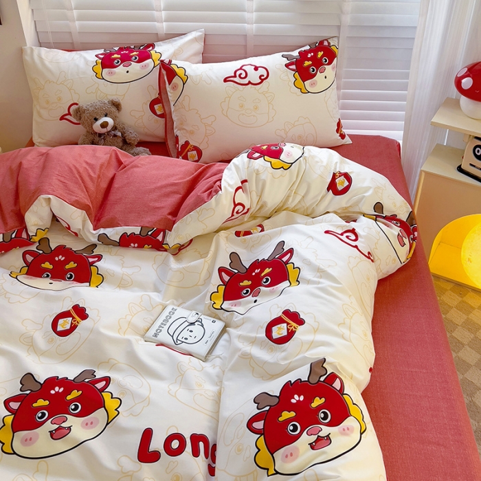 91家纺网 家纺一手货源 找家纺 西引力 2024新款全棉卡通印花四件套 开运龙 白