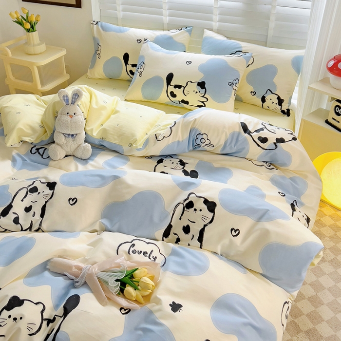 91家纺网 家纺一手货源 找家纺 西引力 2024新款全棉卡通印花四件套 奶牛猫