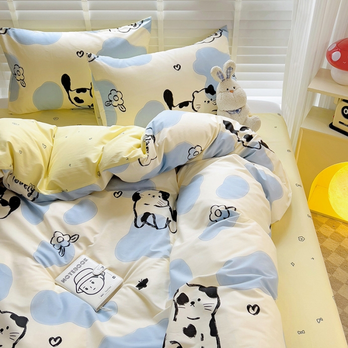 91家纺网 家纺一手货源 找家纺 西引力 2024新款全棉卡通印花四件套 奶牛猫