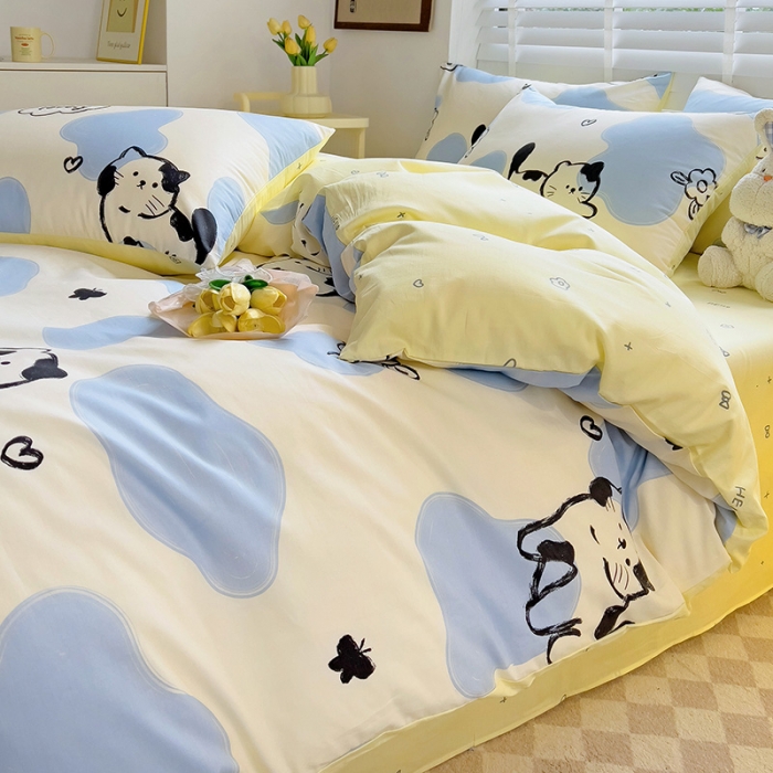 91家纺网 家纺一手货源 找家纺 西引力 2024新款全棉卡通印花四件套 奶牛猫