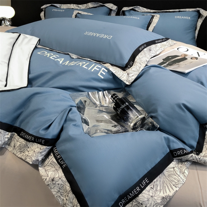 91家纺网 家纺一手货源 找家纺 笙意家纺 2025新款全棉刺绣拼边四件套 宾利蓝+山灰