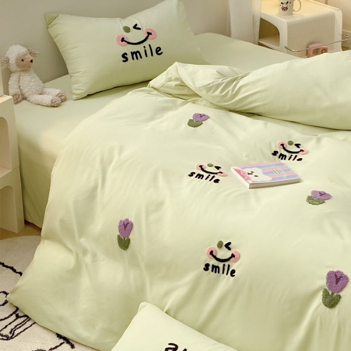 91家纺网 家纺一手货源 找家纺 尤米 2024新款奶油风水洗棉系列单被套 郁金香-绿