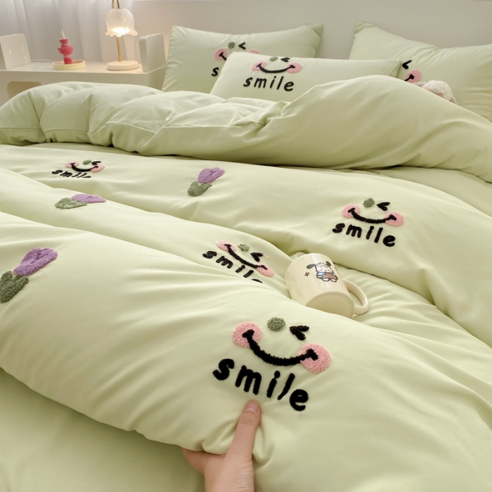 91家纺网 家纺一手货源 找家纺 尤米 2024新款奶油风水洗棉系列单被套 郁金香-绿