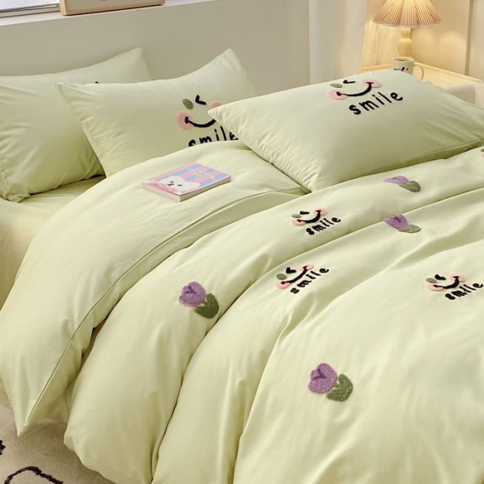 91家纺网 家纺一手货源 找家纺 尤米 2024新款奶油风水洗棉系列单被套 郁金香-绿