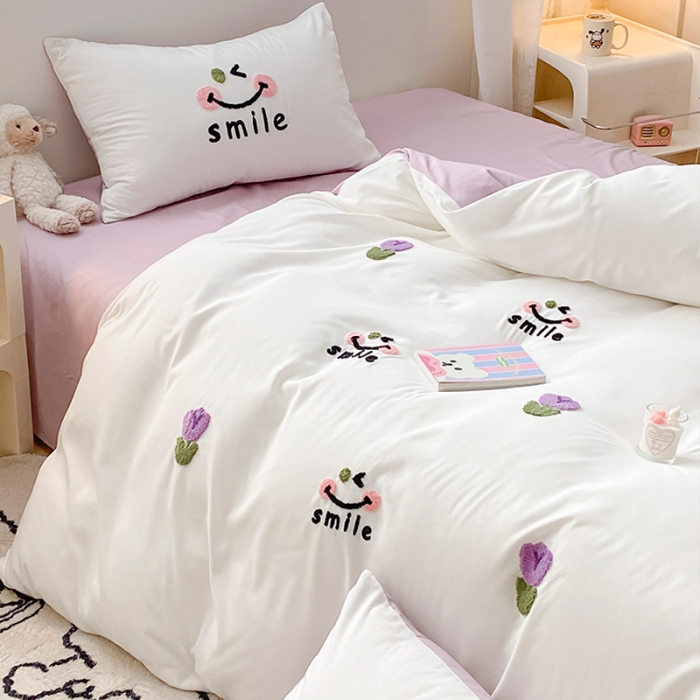 91家纺网 家纺一手货源 找家纺 尤米 2024新款奶油风水洗棉系列单被套 郁金香-白