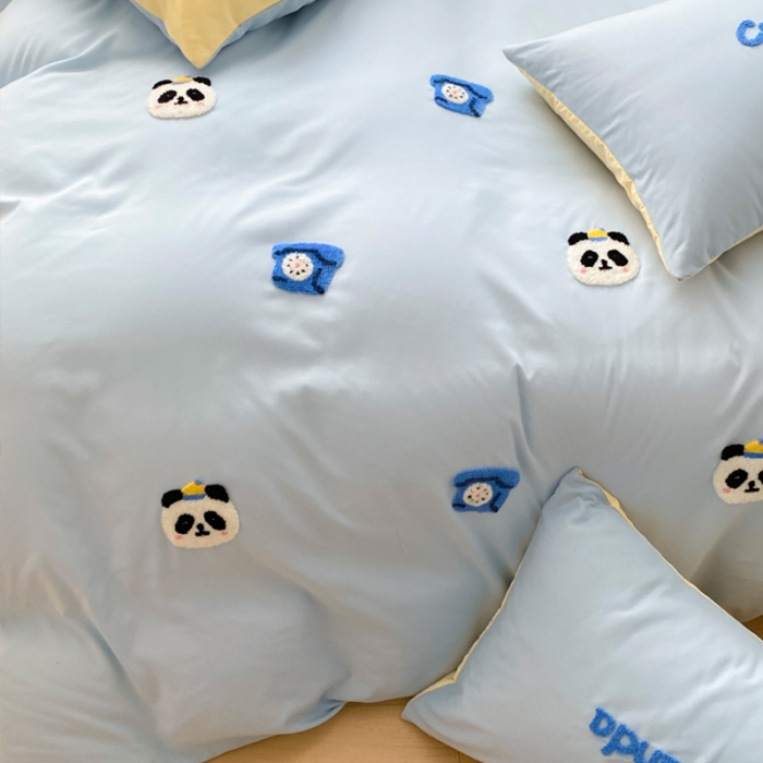 91家纺网 家纺一手货源 找家纺 尤米 2024新款奶油风水洗棉系列单被套 小熊猫-蓝