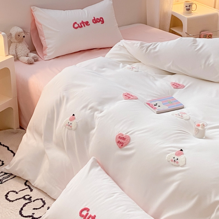 91家纺网 家纺一手货源 找家纺 尤米 2024新款奶油风水洗棉系列单被套 可爱狗-白