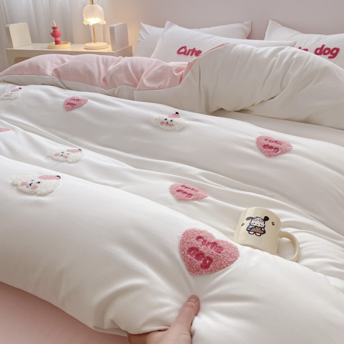 91家纺网 家纺一手货源 找家纺 尤米 2024新款奶油风水洗棉系列单被套 可爱狗-白