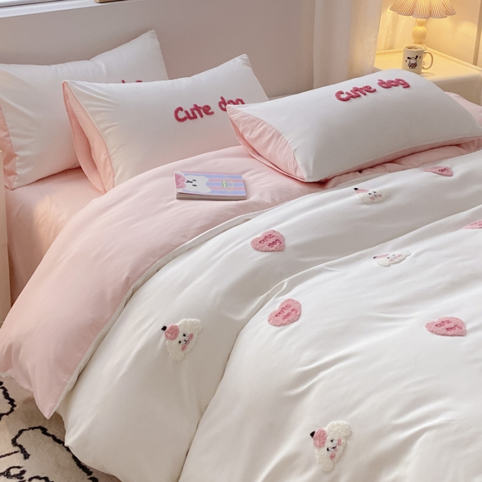 91家纺网 家纺一手货源 找家纺 尤米 2024新款奶油风水洗棉系列单被套 可爱狗-白