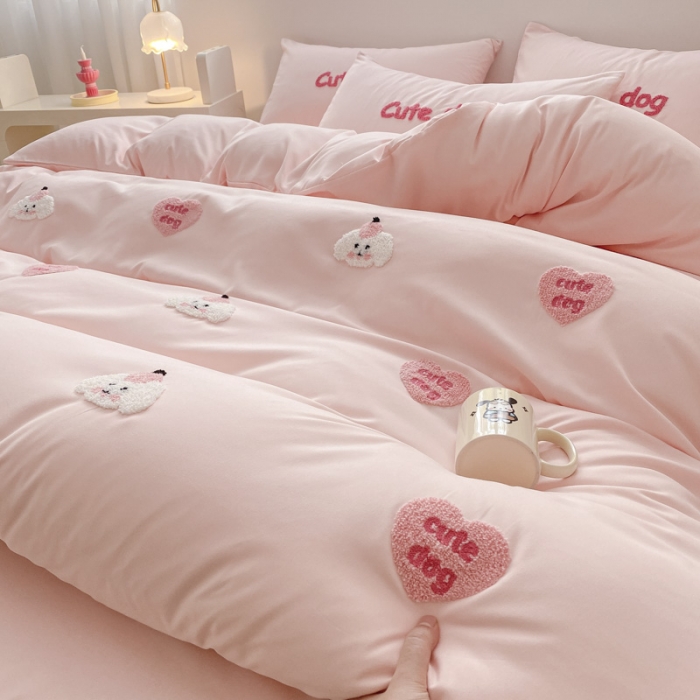 91家纺网 家纺一手货源 找家纺 尤米 2024新款奶油风水洗棉系列单被套 可爱狗-粉