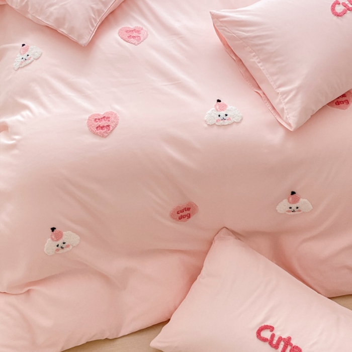 91家纺网 家纺一手货源 找家纺 尤米 2024新款奶油风水洗棉系列单被套 可爱狗-粉