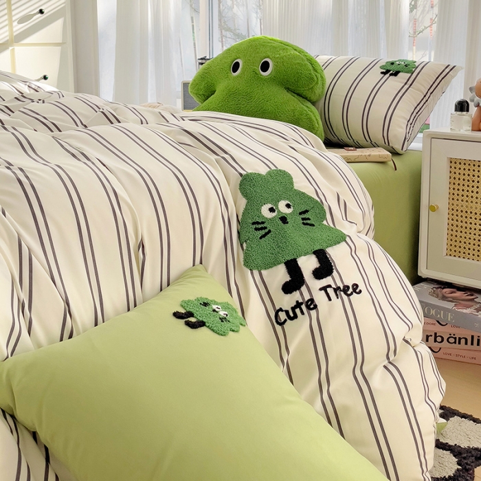 91家纺网 家纺一手货源 找家纺 尤米 2024新款ins博主风系列毛巾绣系列单被套 发财树-条纹