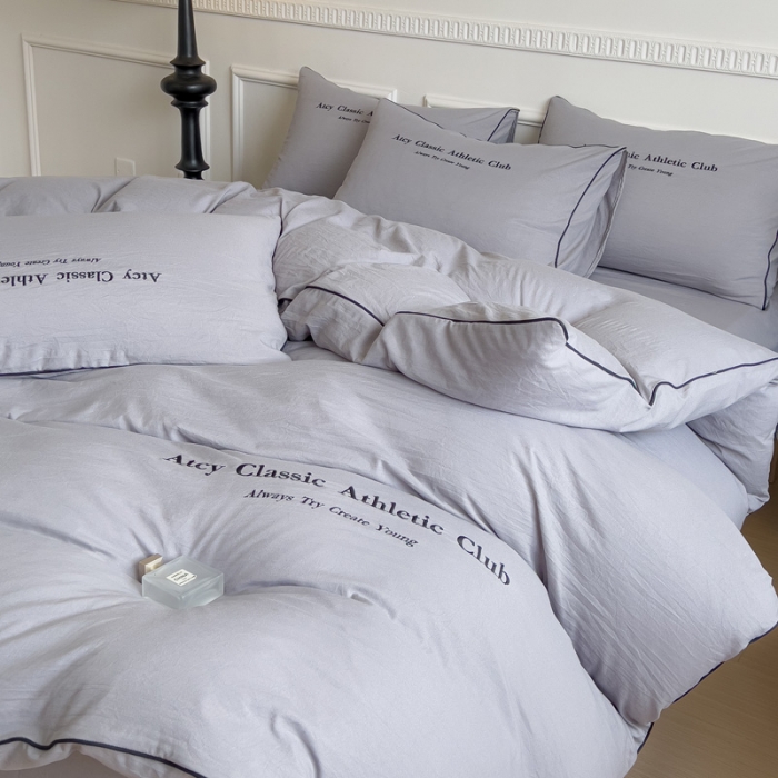 91家纺网 家纺一手货源 找家纺 尤米 2023新款莫奈系列水洗棉绣花麻绳款四件套 莫奈-月雾灰