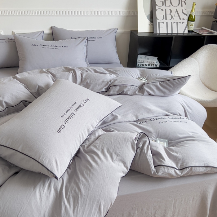 91家纺网 家纺一手货源 找家纺 尤米 2023新款莫奈系列水洗棉绣花麻绳款四件套 莫奈-月雾灰