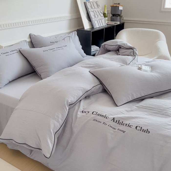 91家纺网 家纺一手货源 找家纺 尤米 2023新款莫奈系列水洗棉绣花麻绳款四件套 莫奈-月雾灰