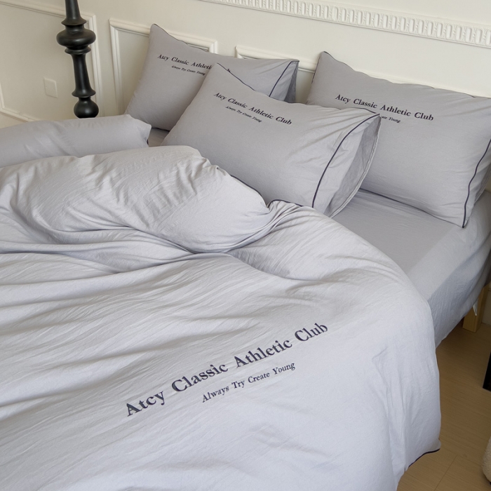 91家纺网 家纺一手货源 找家纺 尤米 2023新款莫奈系列水洗棉绣花麻绳款四件套 莫奈-月雾灰