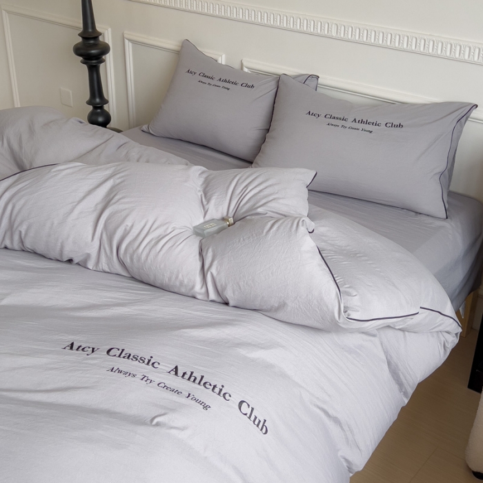 91家纺网 家纺一手货源 找家纺 尤米 2023新款莫奈系列水洗棉绣花麻绳款四件套 莫奈-月雾灰