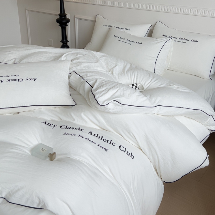 91家纺网 家纺一手货源 找家纺 尤米 2023新款莫奈系列水洗棉绣花麻绳款四件套 莫奈-月光白