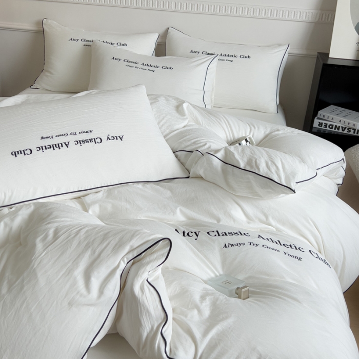 91家纺网 家纺一手货源 找家纺 尤米 2023新款莫奈系列水洗棉绣花麻绳款四件套 莫奈-月光白