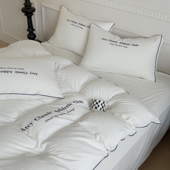 91家纺网 家纺一手货源 找家纺 尤米 2023新款莫奈系列水洗棉绣花麻绳款四件套 莫奈-月光白