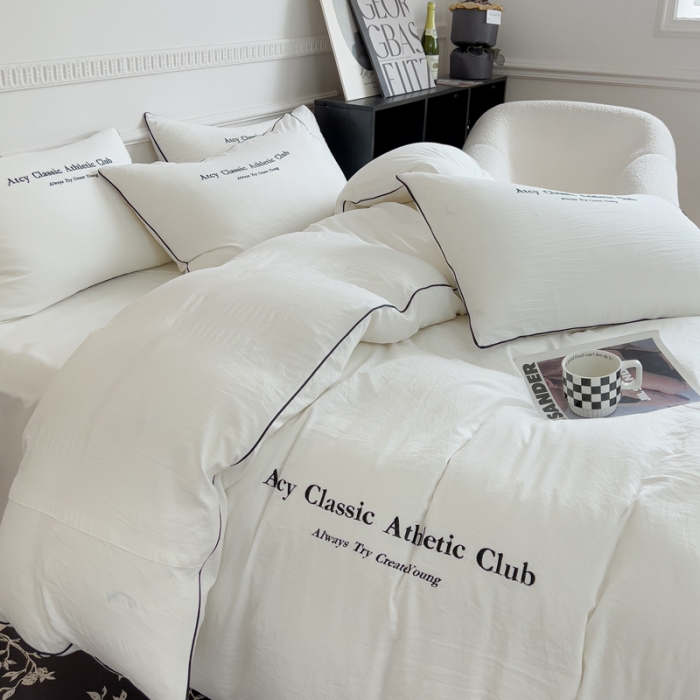 91家纺网 家纺一手货源 找家纺 尤米 2023新款莫奈系列水洗棉绣花麻绳款四件套 莫奈-月光白