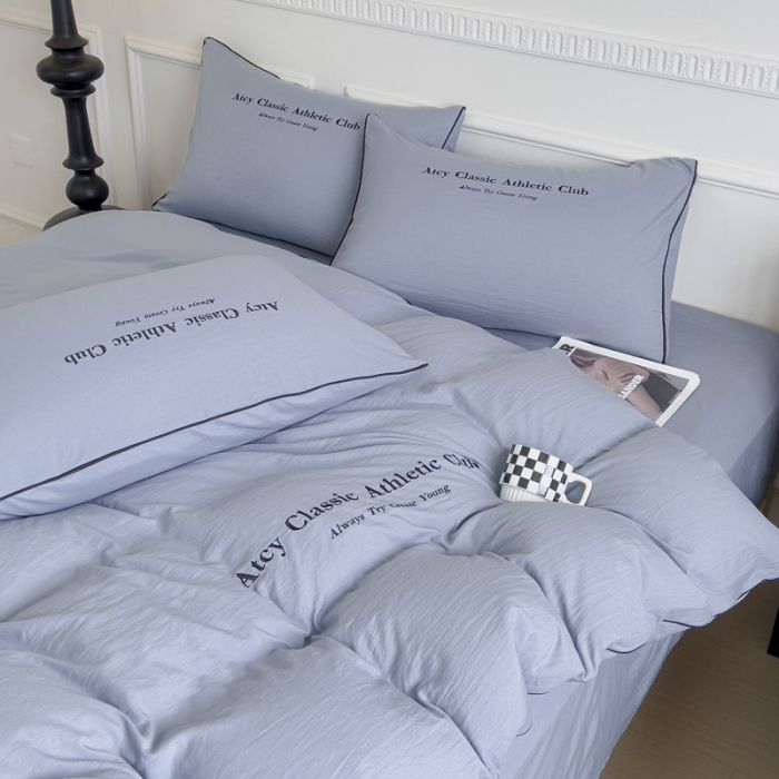 91家纺网 家纺一手货源 找家纺 尤米 2023新款莫奈系列水洗棉绣花麻绳款四件套 莫奈-松石蓝