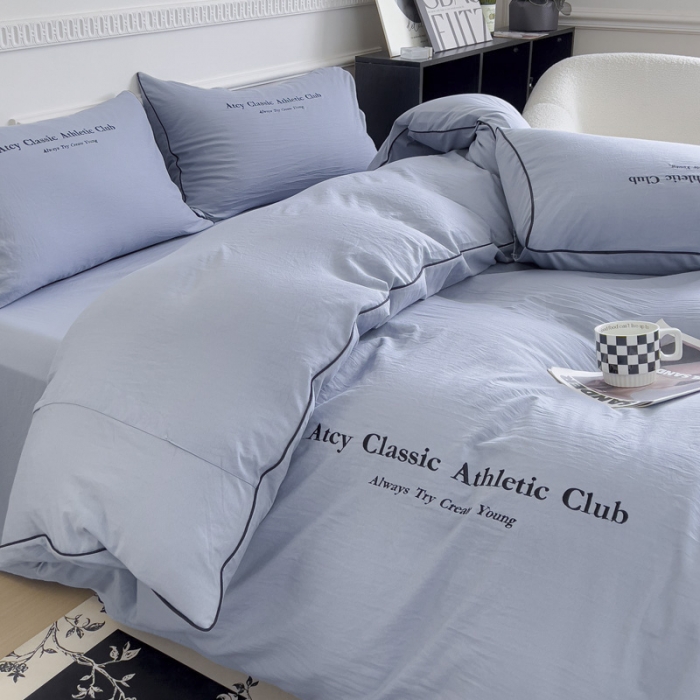 91家纺网 家纺一手货源 找家纺 尤米 2023新款莫奈系列水洗棉绣花麻绳款四件套 莫奈-松石蓝