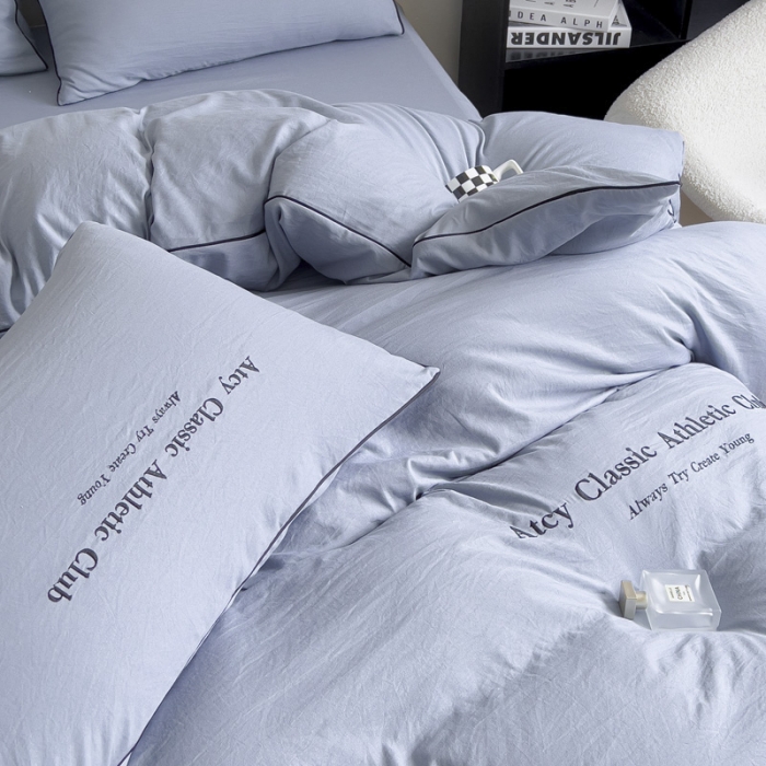 91家纺网 家纺一手货源 找家纺 尤米 2023新款莫奈系列水洗棉绣花麻绳款四件套 莫奈-松石蓝