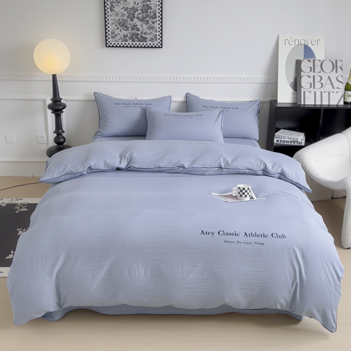 91家纺网 家纺一手货源 找家纺 尤米 2023新款莫奈系列水洗棉绣花麻绳款四件套 莫奈-松石蓝