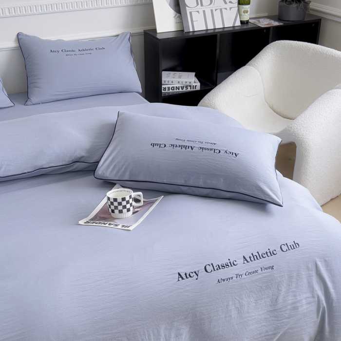 91家纺网 家纺一手货源 找家纺 尤米 2023新款莫奈系列水洗棉绣花麻绳款四件套 莫奈-松石蓝