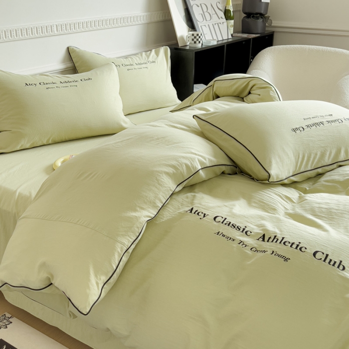 91家纺网 家纺一手货源 找家纺 尤米 2023新款莫奈系列水洗棉绣花麻绳款四件套 莫奈-抹茶绿